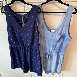 Navy Strawberry Print Romper and Light Blue Tie-Dye Romper